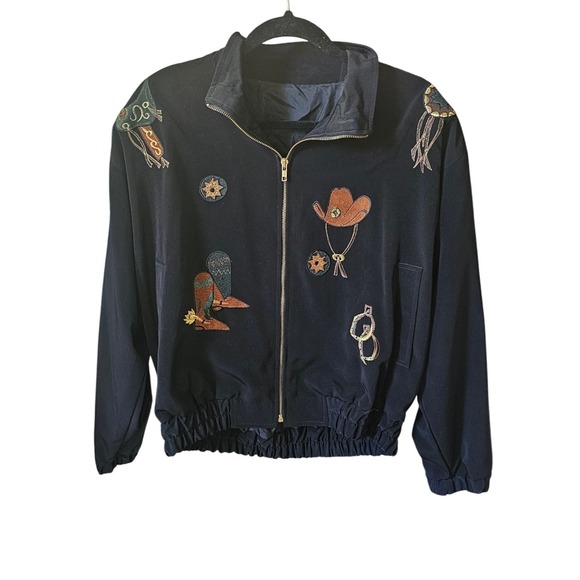 Vintage Western Embroidered Bomber Jacket Rodeo Cowboy Black Size Large - Picture 1 of 6